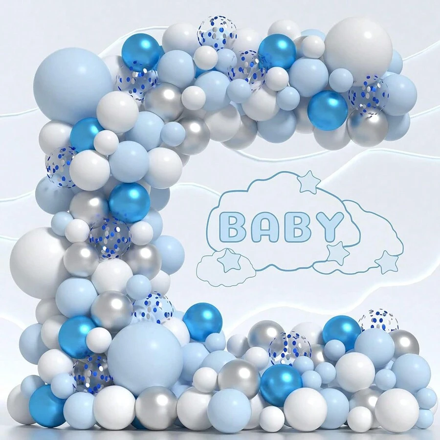 117入組藍色氣球花環套件,包括藍色和白色氣球花環帶、金屬珍珠藍和白色銀色氣球、藍色氣球拱門製作工具套裝,適用於男生嬰兒派對、生日派對場景裝飾