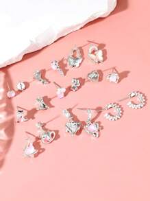 18pairs Pink Themed Butterfly, Star & Heart Shaped Stud Earrings Set For Women, Birthday Gift Valentines,Mom,Mother,Mother's Day,Gift - View 3