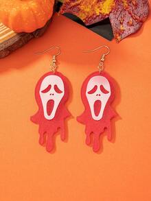 Cartoon Funny Personalized Ghost, Skull Face Earrings - Red and White - View 2