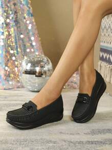 女性透氣舒適的空心滑入平台楔型鞋,適合休閒穿著 - 黑色 - 查看 3