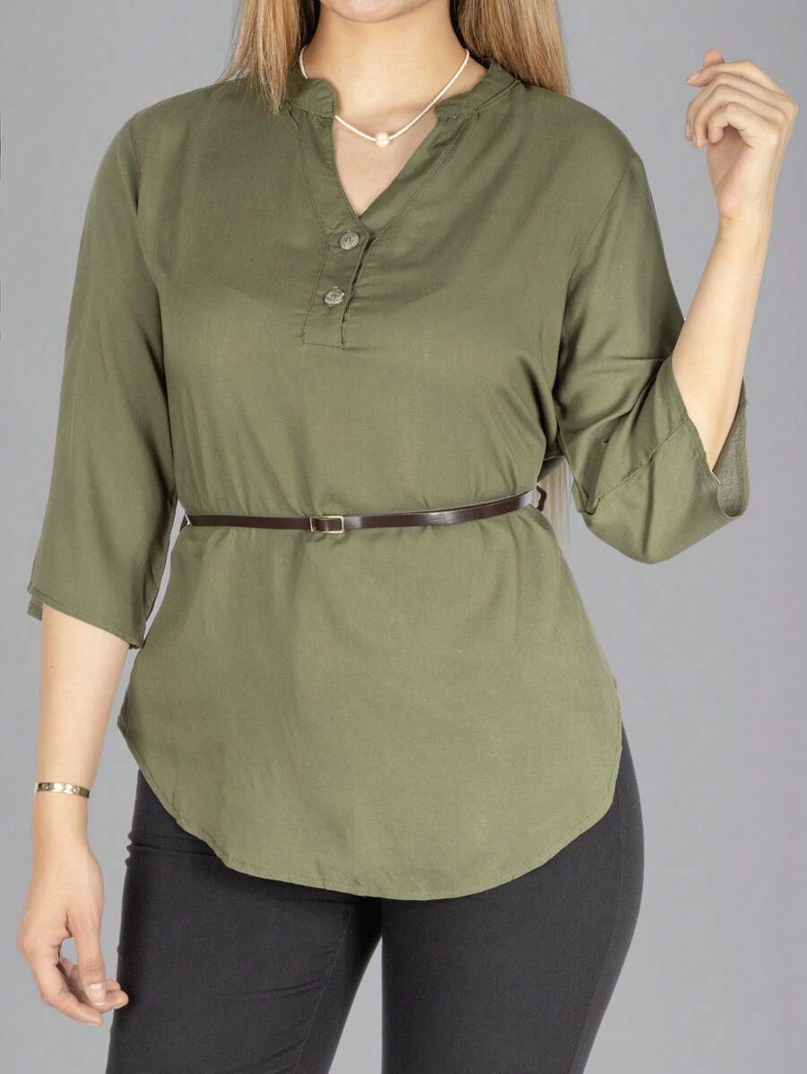 BLUSA CON CINTURON MANGA 3/4 - Verde militar - Ver 1