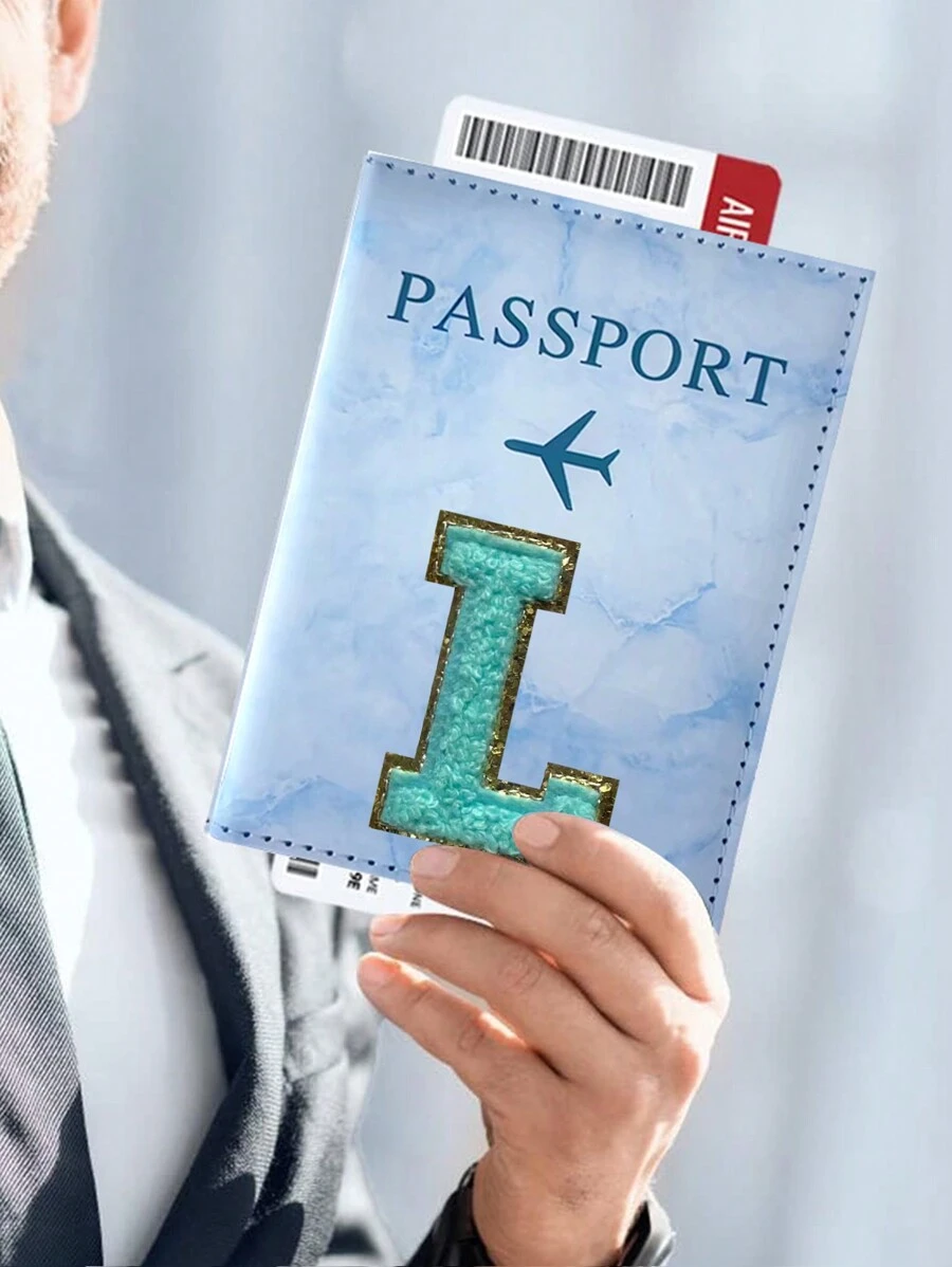 Air Plan 旅行配件護照夾時尚大理石花紋 Pu 皮革護照套男式女式時尚旅行便攜式銀行卡護照商務 Pu 錢包套夾藍色首字母 L