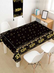 1片快樂2024新年黑金桌布褶邊桌旗,新年派對餐桌裝飾家居裝飾 - 2024年新年 - 查看 2