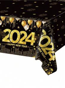 1片快樂2024新年黑金桌布褶邊桌旗,新年派對餐桌裝飾家居裝飾 - 2024年新年 - 查看 1