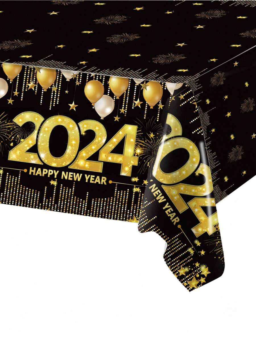 1片快樂2024新年黑金桌布褶邊桌旗,新年派對餐桌裝飾家居裝飾 - 2024年新年 - 查看 1