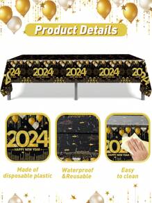 1片快樂2024新年黑金桌布褶邊桌旗,新年派對餐桌裝飾家居裝飾 - 2024年新年 - 查看 5