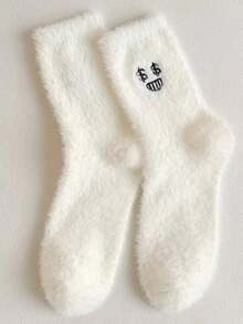 5雙/包刺繡厚款保暖白色女士襪子,適用於戶外