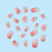 24入組短款霧面方形假指甲+1支果凍膠+指甲膠,漸變粉色可愛兔造型可穿戴假指甲,搭配珍珠果凍膠 - 彩色 - 查看 3