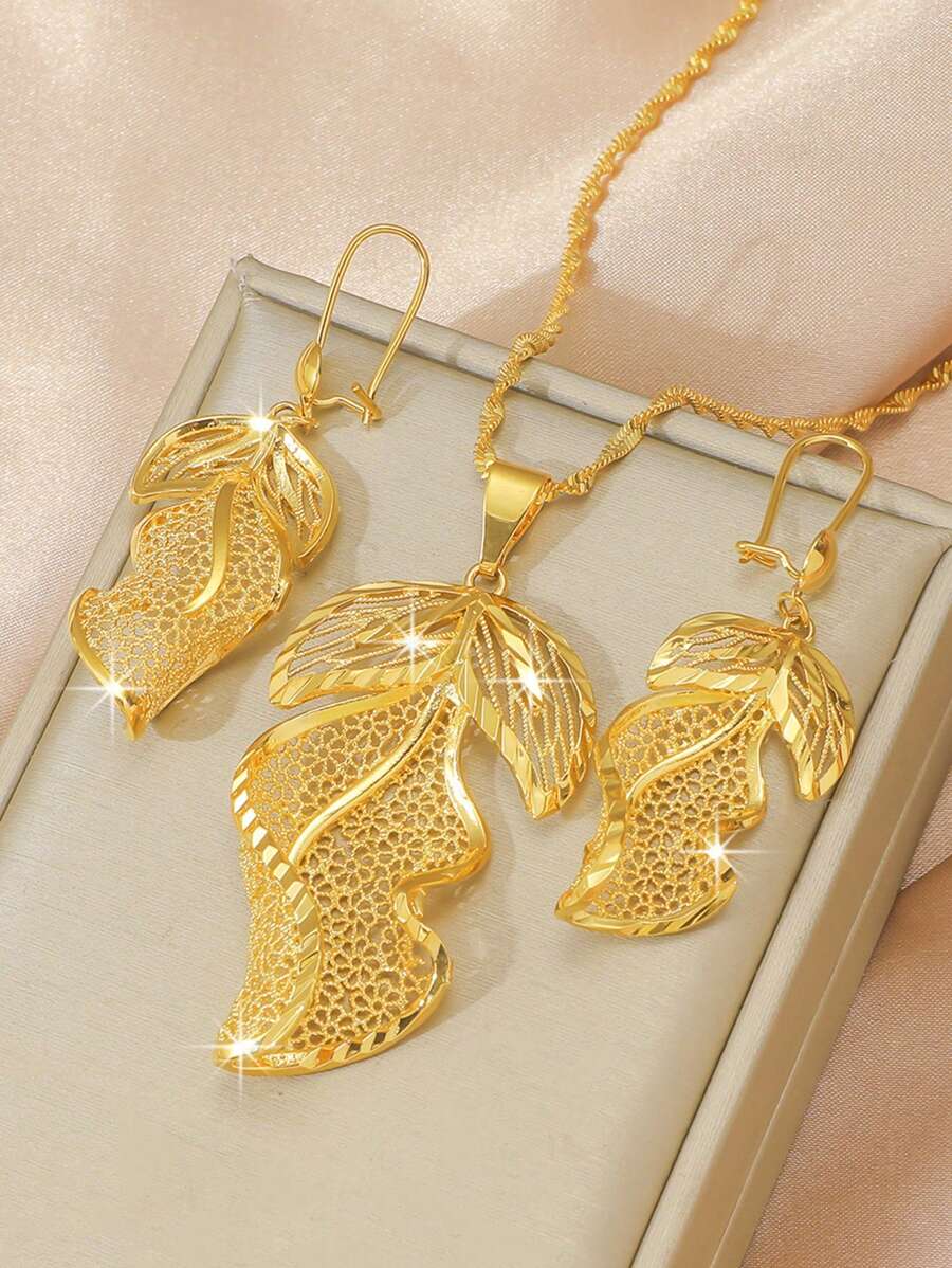 2pcs/Set Wedding Fashionable Leaf Necklace & Earrings, Versatile Jewelry For Women's Daily Wear