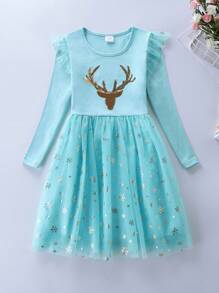 Girls' Shiny Reindeer Pattern Snowflake Tulle Splice Dress - Baby Blue - View 1