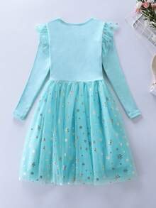 Girls' Shiny Reindeer Pattern Snowflake Tulle Splice Dress - Baby Blue - View 2