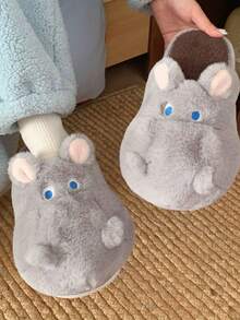 可爱河马拖鞋冬季男女室内家居卡通保暖毛绒鞋休闲舒适厚底卧室拖鞋 - 灰色 - 查看 3