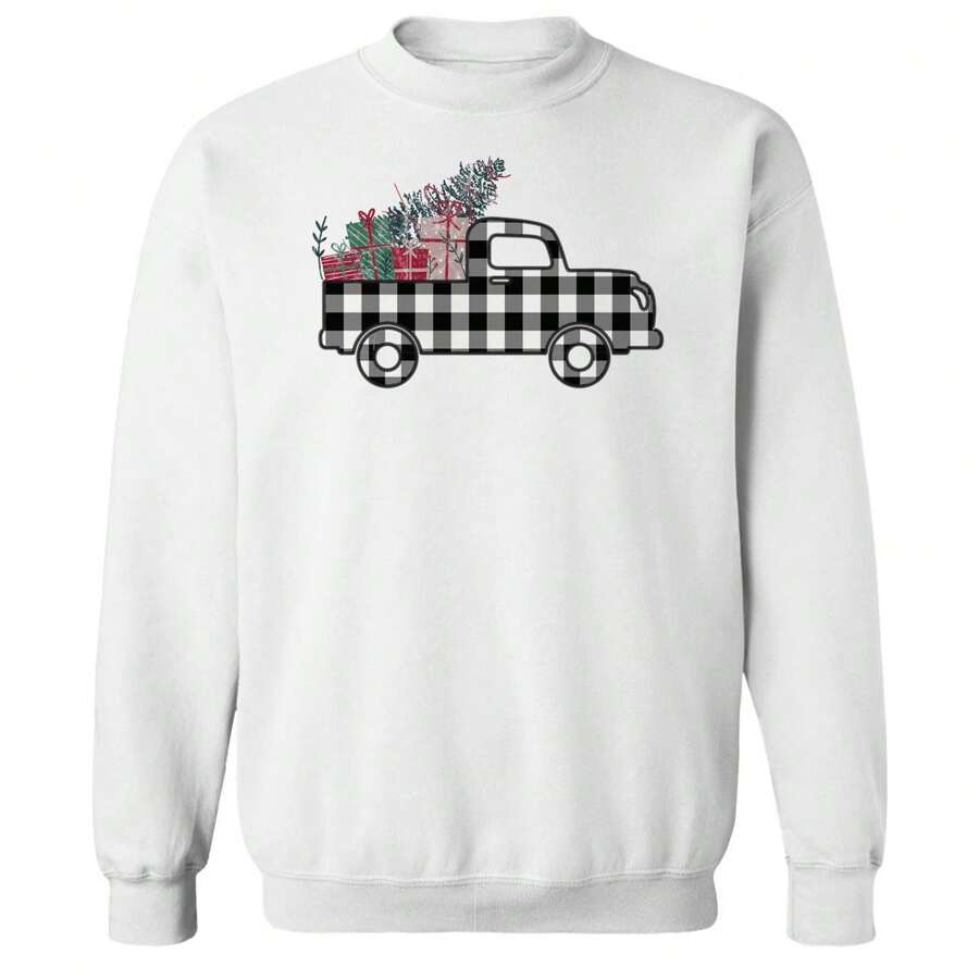 Nearly There Plaid Christmas Truck Graphic White Unisex Cotton Pullover Sweatshirt - 白色 - 查看 1