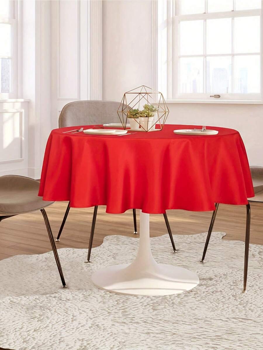 1Pc 213cm Red Round Disposable Plastic Tablecloth Minimalist Solid Color Party Supplies - Red - View 1