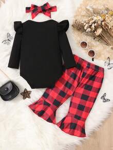 Bộ áo liền quần tam giác tay dài màu trơn cho bé gái, quần ống loe kẻ caro đỏ đen và băng đô cài tóc. - màu đen - Xem 2