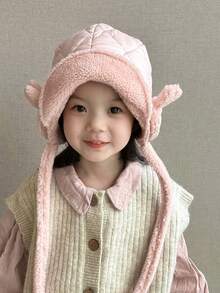 1pc Autumn Winter Kids' Solid Color Fashionable Unisex Ear-Protective Drawstring Cap - Pink - View 4
