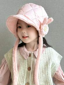 1pc Autumn Winter Kids' Solid Color Fashionable Unisex Ear-Protective Drawstring Cap - Pink - View 7