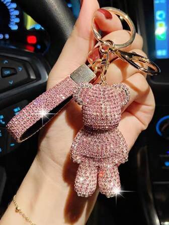 1pc Rhinestone-Embedded Bear Shaped Keychain For Women, Creative & Exquisite Bear Car Key Pendant For Bags & Purse Decoration Car Accessories Bag Charm School Cute Goth Y2k