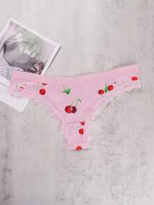 Morvia 3pcs Women Plus Size Contrast Lace Thongs Cute Red Lips & Strawberry & Cherry Pattern Multicolored Things - Multicolor - View 7