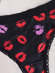 Morvia 3pcs Women Plus Size Contrast Lace Thongs Cute Red Lips & Strawberry & Cherry Pattern Multicolored Things - Multicolor - View 10