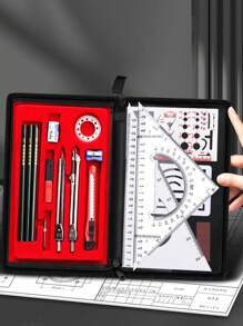 Stationery Storage Box Engineering Drawing Mechanical Tools Set, Drawing Kit For College Students In Architecture And Civil Engineering Major, With T-square Set, Combination And Compass Tool. - Black - View 1