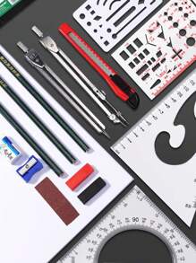 Stationery Storage Box Engineering Drawing Mechanical Tools Set, Drawing Kit For College Students In Architecture And Civil Engineering Major, With T-square Set, Combination And Compass Tool. - Black - View 2