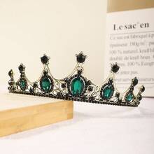 1個女孩橢圓形手工製作的古銅合金鑲鑽皇冠頭飾,復古黑色精美奢華的婚禮皇冠髮飾配件,適用於美麗大賽派對裝飾皇室 - 綠色 - 查看 3