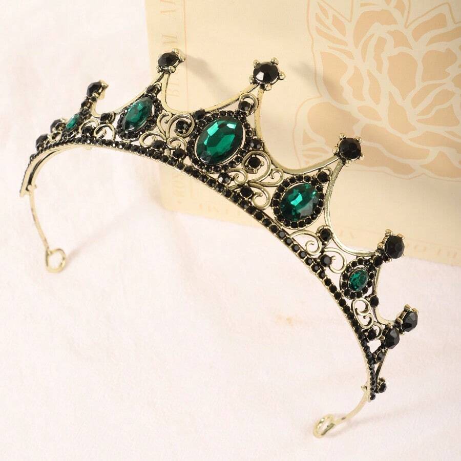 1個女孩橢圓形手工製作的古銅合金鑲鑽皇冠頭飾,復古黑色精美奢華的婚禮皇冠髮飾配件,適用於美麗大賽派對裝飾皇室 - 綠色 - 查看 1