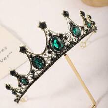 1個女孩橢圓形手工製作的古銅合金鑲鑽皇冠頭飾,復古黑色精美奢華的婚禮皇冠髮飾配件,適用於美麗大賽派對裝飾皇室 - 綠色 - 查看 2