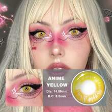 Lalens 動漫紅色隱形眼鏡，2 片/包，用於角色扮演服裝，帶有角色名字，舒適保濕貓風格，14.0 毫米/14.5 毫米直徑，8.6 毫米徑向，每年一次性，由水凝膠和非離子材料製成，適合日本動畫迷和角色扮演者 - 動漫黃14.5mm - 查看 1