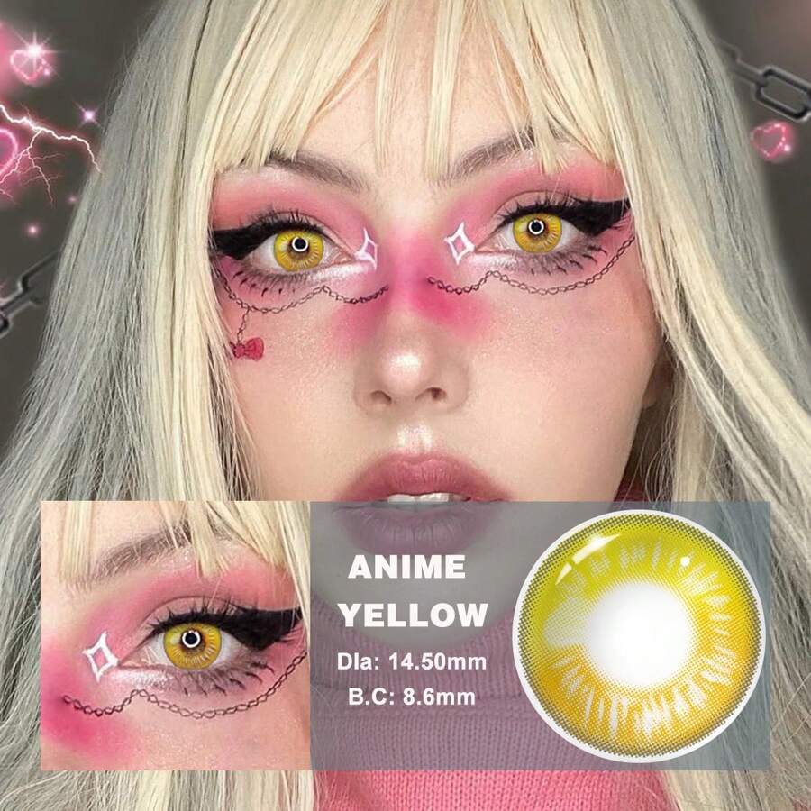 Lalens 動漫紅色隱形眼鏡，2 片/包，用於角色扮演服裝，帶有角色名字，舒適保濕貓風格，14.0 毫米/14.5 毫米直徑，8.6 毫米徑向，每年一次性，由水凝膠和非離子材料製成，適合日本動畫迷和角色扮演者 - 動漫黃14.5mm - 查看 1