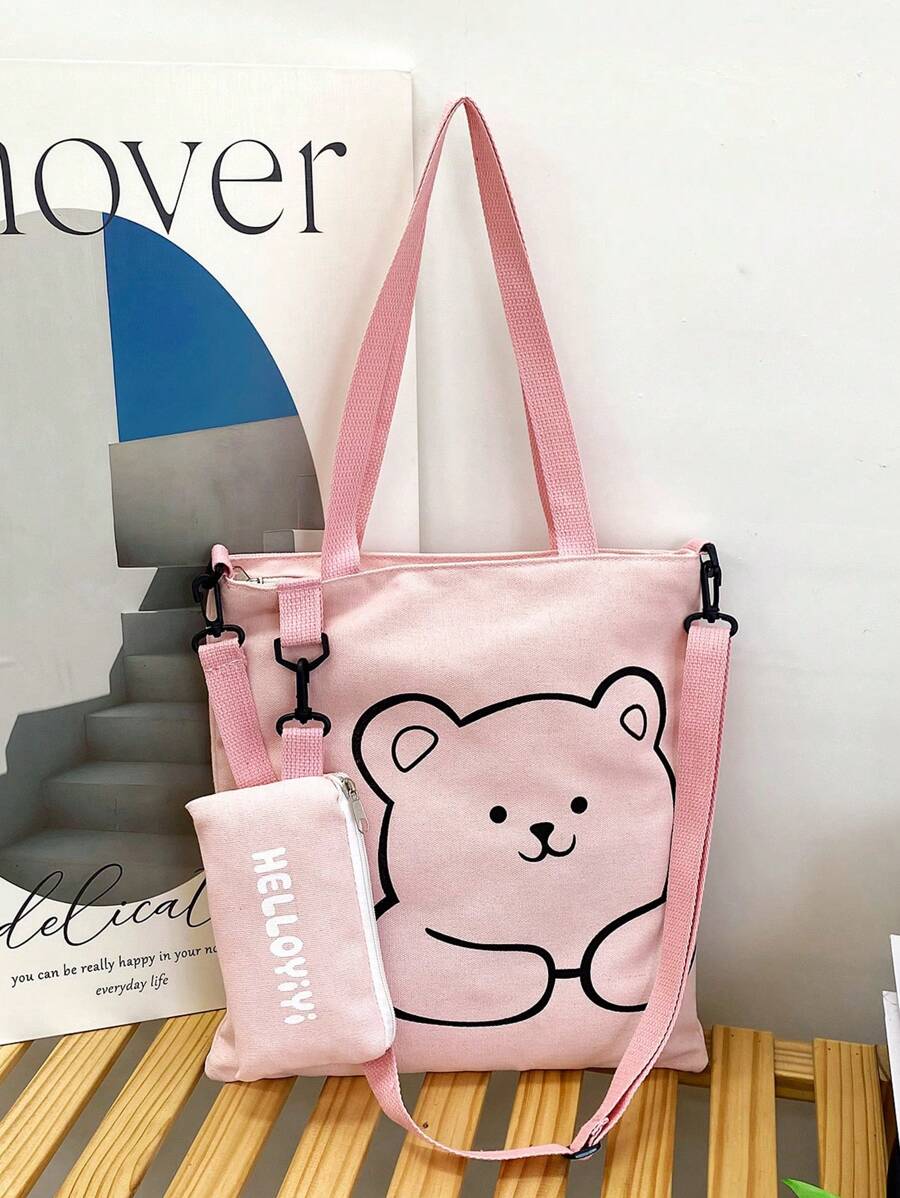 Canvas Bag For Elementary And Middle School Students, Retro Crossbody Shoulder Bag With Large Capacity For Tutoring And Daily Use, School Supplies, School Bag, School Handbag, School Tote Bag, School Bookbag, Back To School Bags, Lightweight, Portable, Foldable, With Pencil Case, Classic Casual, Cute, Suitable For Teen Girls Women College Students, Perfect For Back To School, First Day Of School, Middle School, High School - Pink - View 1