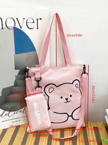 Canvas Bag For Elementary And Middle School Students, Retro Crossbody Shoulder Bag With Large Capacity For Tutoring And Daily Use, School Supplies, School Bag, School Handbag, School Tote Bag, School Bookbag, Back To School Bags, Lightweight, Portable, Foldable, With Pencil Case, Classic Casual, Cute, Suitable For Teen Girls Women College Students, Perfect For Back To School, First Day Of School, Middle School, High School - Pink - View 5