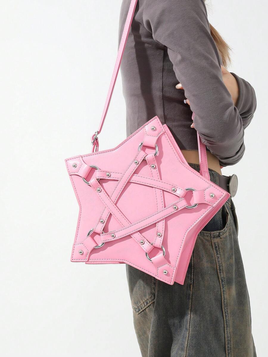 Y2K风格新款个性化五角星形单肩包，时尚简约百搭，纯色铆钉可调节肩带斜挎包，适合角色扮演派对、街拍、购物和约会。