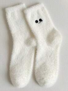 5雙/包刺繡厚款保暖白色女士襪子,適用於戶外