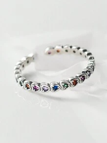 HuooNew 1pc Pure 925 Silver Colorful Cubic Zirconia Heart-shaped Open Ring For Both Men And Women To Wear - Silver - View 4