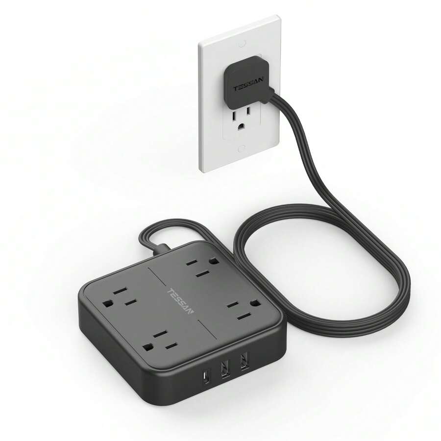 Flat Plug Power Strip, TESSAN 5 Ft Ultra Thin Black Extension Cord With 3 USB Wall Charger(1 USB C Port), 4 Outlets Black Power Strip Compact For Travel, Office, School, Dorm Room Essentials - 黑色 - 查看 1
