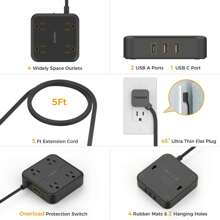 Flat Plug Power Strip, TESSAN 5 Ft Ultra Thin Black Extension Cord With 3 USB Wall Charger(1 USB C Port), 4 Outlets Black Power Strip Compact For Travel, Office, School, Dorm Room Essentials - 黑色 - 查看 2