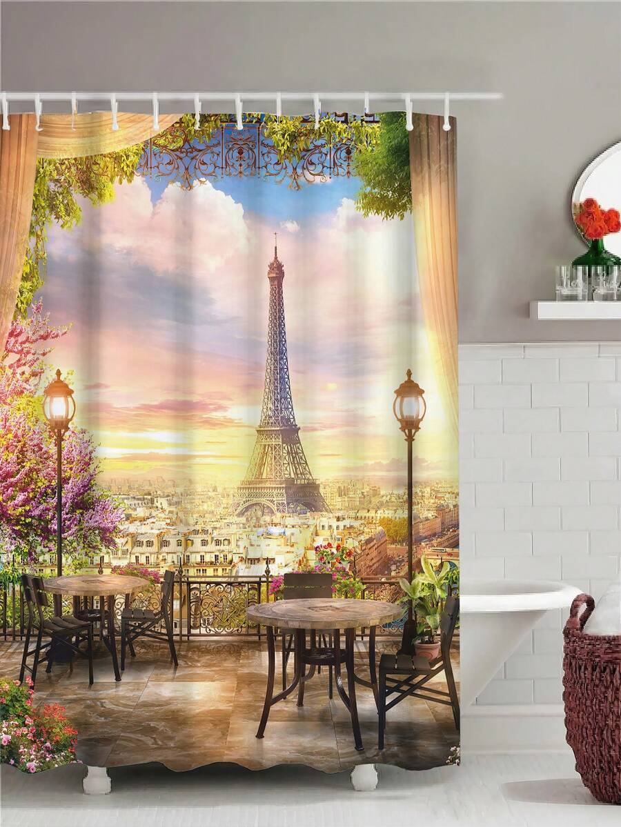 1 件城市塔風景印花浴簾,現代聚酯防水浴室方形窗簾,適合居家裝飾