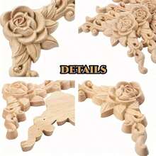 4pcs Wood Carved Flower Appliques - Wood Color - View 4