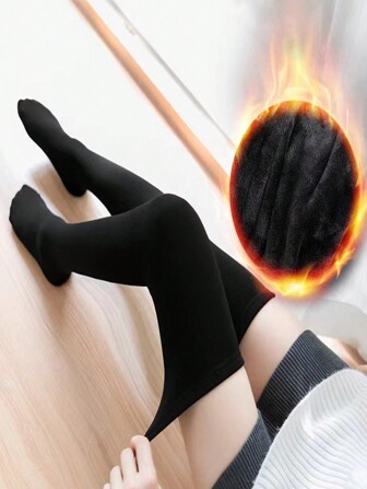 1 par svarta lårhöga strumpor för kvinnor, termofodrade, varma för höst/vinter, mysiga