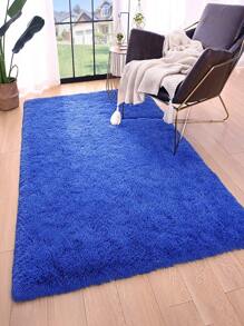 1 pièce Tapis Shaggy couleur bleue unicolore, style moderne et simple, poil doux extra long, absorbant l'eau, chaud, toutes saisons, tapis de décoration en polyester pour la maison, décoration de pièce