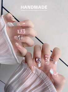 GIRL PLUS Girlplus 10 款手工制作的中号棺材形状假指甲，粉色蝴蝶结法式按压指甲设计，时尚指甲套装适合女士和女孩日常佩戴按压指甲美甲用品指甲