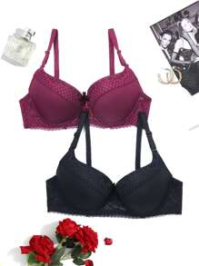 2入組透氣薄厚設計帶墊和蕾絲紅黑波點設計內衣,優化支撐和提臀 - 彩色 - 查看 1