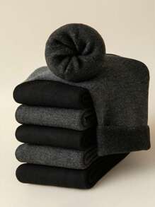 6 Pairs Men's Solid Color Thickened Thermal Mid-Calf Socks, Simple & Versatile