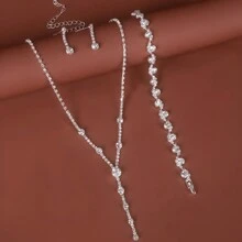 4入組/套水滴形鑲嵌鑽石y項鏈套裝,適用於女士婚禮和晚會裙子 - 銀色 - 查看 1