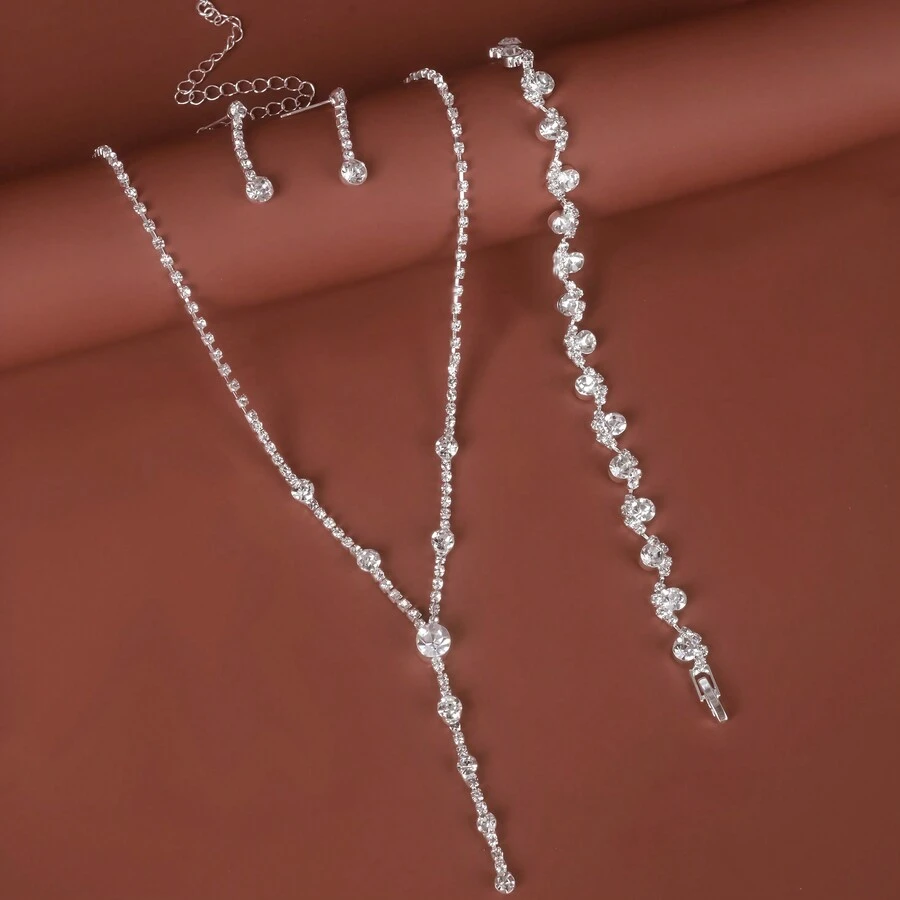 4入組/套水滴形鑲嵌鑽石y項鏈套裝,適用於女士婚禮和晚會裙子 - 銀色 - 查看 1