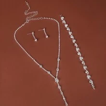 4入組/套水滴形鑲嵌鑽石y項鏈套裝,適用於女士婚禮和晚會裙子 - 銀色 - 查看 2