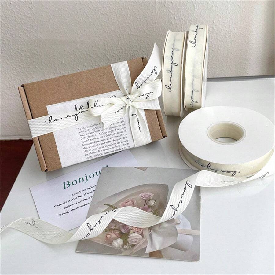 A Roll Of Slogan Pattern DIY Fabric Ribbon Gift Wrapping Ribbon In English For Party Decoration, Gift Packaging, Cake Packaging, Flower Tying And Box Decoration In French Style Back To School Valentine Day - Beige - View 1