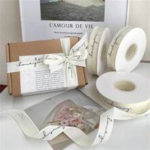 A Roll Of Slogan Pattern DIY Fabric Ribbon Gift Wrapping Ribbon In English For Party Decoration, Gift Packaging, Cake Packaging, Flower Tying And Box Decoration In French Style Back To School Valentine Day - Beige - View 4